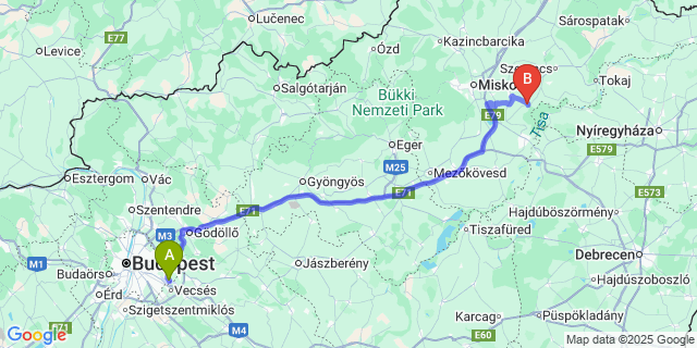 Map: Budapest Airport (BUD), Ferihegy, Liszt Ferenc to Tiszalúc