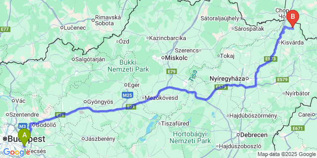 Map: Budapest Airport (BUD), Ferihegy, Liszt Ferenc to Tiszamogyorós