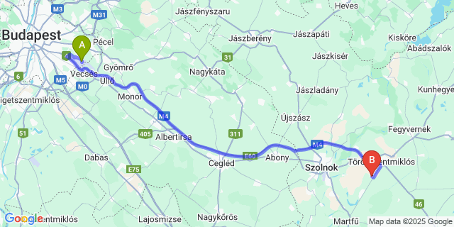 Map: Budapest Airport (BUD), Ferihegy, Liszt Ferenc to Tiszatenyő