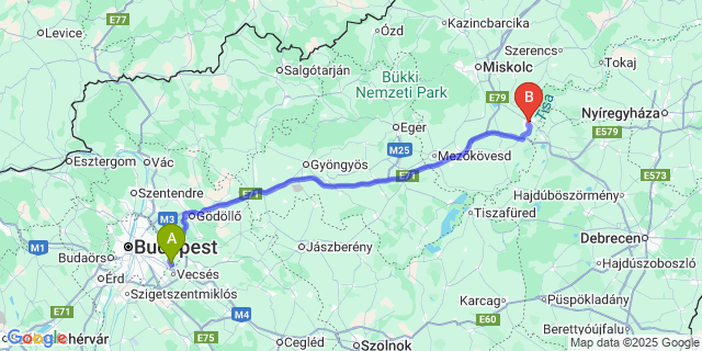 Map: Budapest Airport (BUD), Ferihegy, Liszt Ferenc to Tiszaújváros