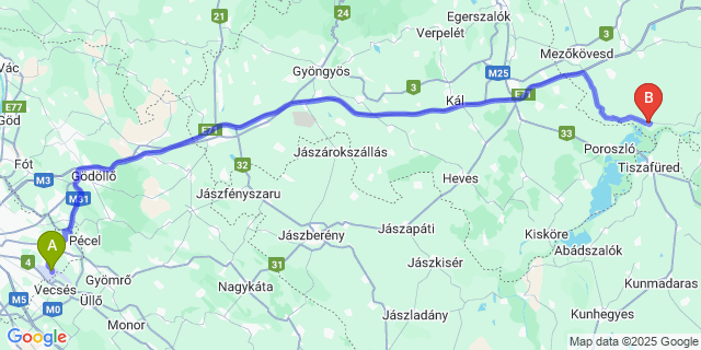 Map: Budapest Airport (BUD), Ferihegy, Liszt Ferenc to Tiszavalk