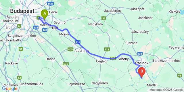 Map: Budapest Airport (BUD), Ferihegy, Liszt Ferenc to Tiszavárkony