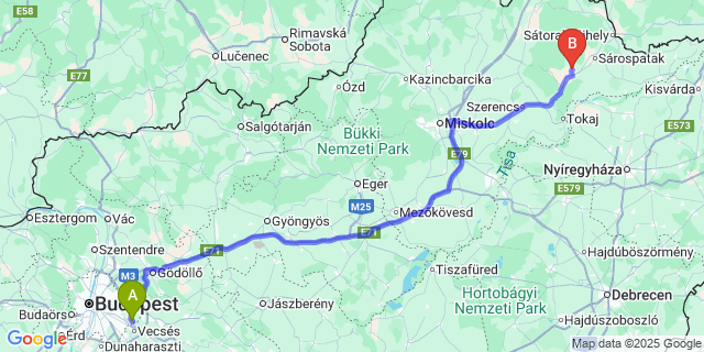 Map: Budapest Airport (BUD), Ferihegy, Liszt Ferenc to Tolcsva