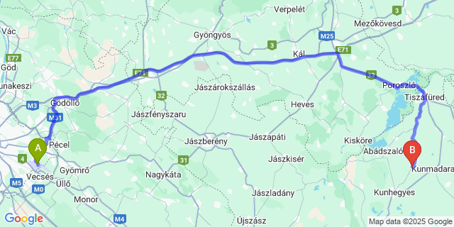 Map: Budapest Airport (BUD), Ferihegy, Liszt Ferenc to Tomajmonostora