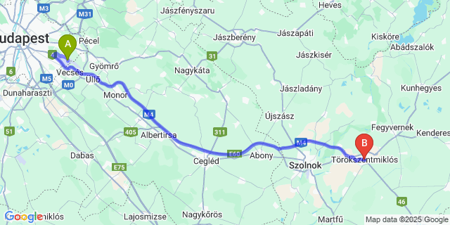 Map: Budapest Airport (BUD), Ferihegy, Liszt Ferenc to Törökszentmiklós