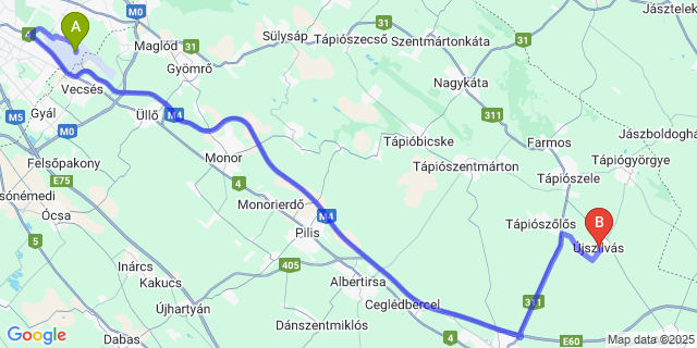 Map: Budapest Airport (BUD), Ferihegy, Liszt Ferenc to Újszilvás