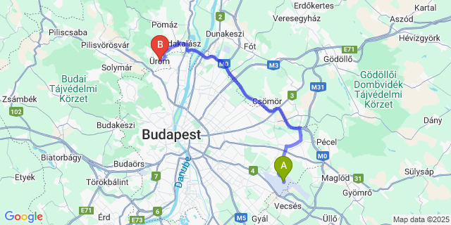 Map: Budapest Airport (BUD), Ferihegy, Liszt Ferenc to Üröm