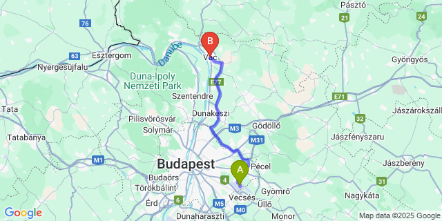 Map: Budapest Airport (BUD), Ferihegy, Liszt Ferenc to Vác