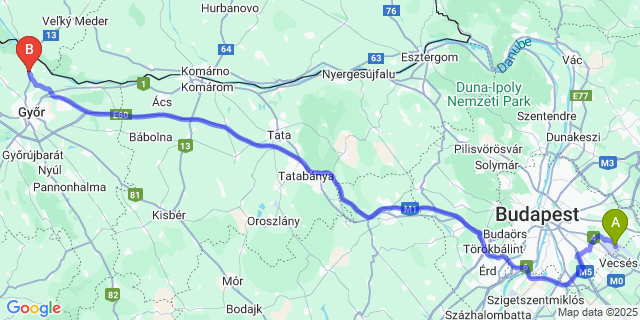 Map: Budapest Airport (BUD), Ferihegy, Liszt Ferenc to Vámosszabadi