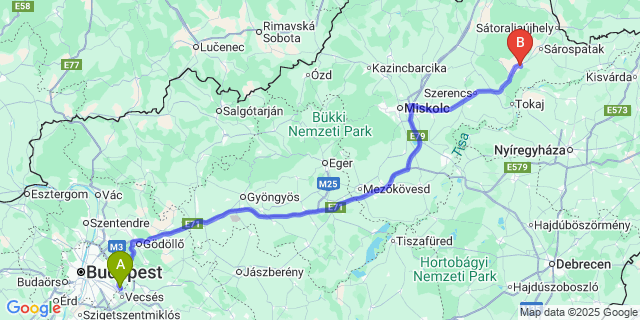 Map: Budapest Airport (BUD), Ferihegy, Liszt Ferenc to Vámosújfalu