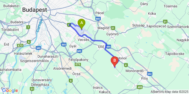 Map: Budapest Airport (BUD), Ferihegy, Liszt Ferenc to Vasad