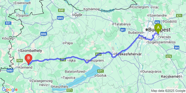 Map: Budapest Airport (BUD), Ferihegy, Liszt Ferenc to Vasvár