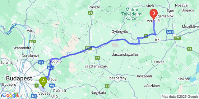 Map: Budapest Airport (BUD), Ferihegy, Liszt Ferenc to Verpelét