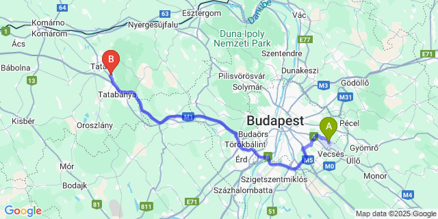 Map: Budapest Airport (BUD), Ferihegy, Liszt Ferenc to Vértesszőlős