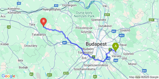 Map: Budapest Airport (BUD), Ferihegy, Liszt Ferenc to Vértestolna
