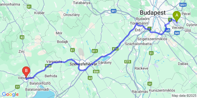 Map: Budapest Airport (BUD), Ferihegy, Liszt Ferenc to Veszprém