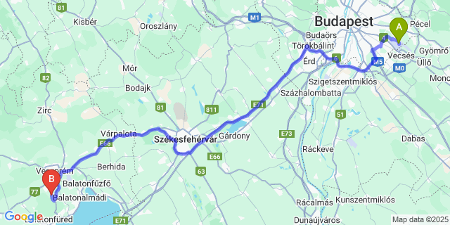 Map: Budapest Airport (BUD), Ferihegy, Liszt Ferenc to Veszprémfajsz