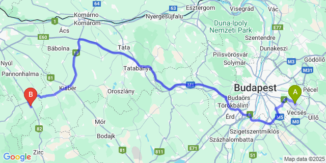 Map: Budapest Airport (BUD), Ferihegy, Liszt Ferenc to Veszprémvarsány