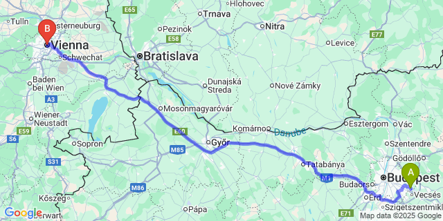 Map: Budapest Airport (BUD), Ferihegy, Liszt Ferenc to Vienna city (all areas)