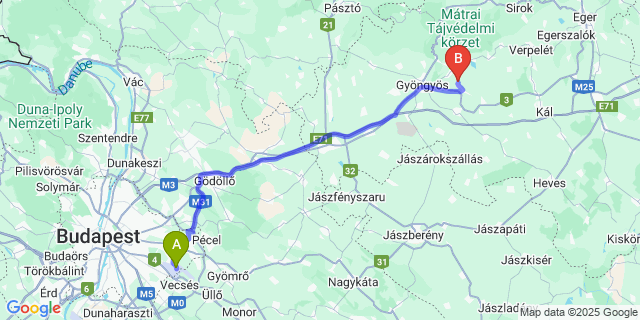 Map: Budapest Airport (BUD), Ferihegy, Liszt Ferenc to Visonta