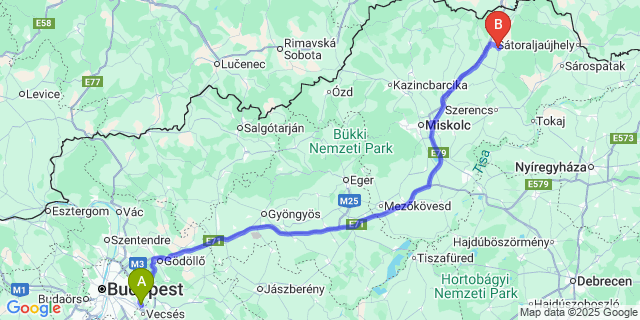 Map: Budapest Airport (BUD), Ferihegy, Liszt Ferenc to Vizsoly