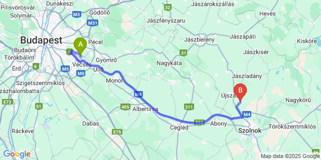 Map: Budapest Airport (BUD), Ferihegy, Liszt Ferenc to Zagyvarékas