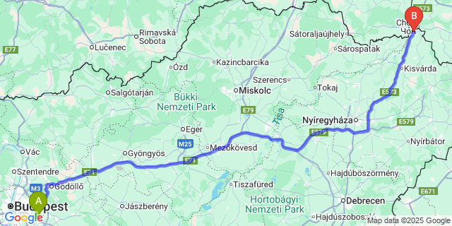 Map: Budapest Airport (BUD), Ferihegy, Liszt Ferenc to Záhony