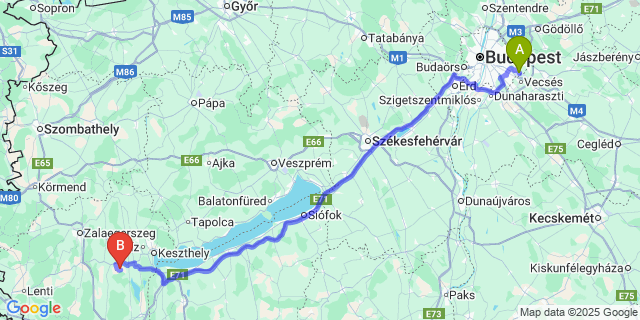 Map: Budapest Airport (BUD), Ferihegy, Liszt Ferenc to Zalaszentmárton