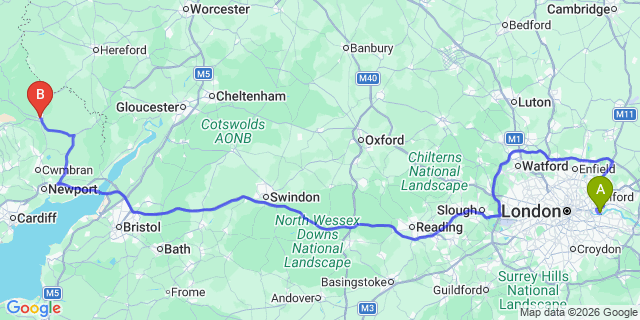 Map: London City Airport (LCY) to Abergavenny