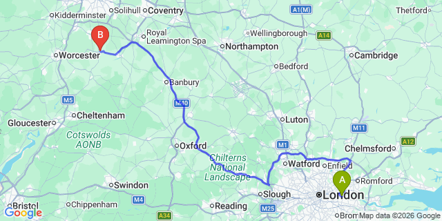 Map: London City Airport (LCY) to Alcester