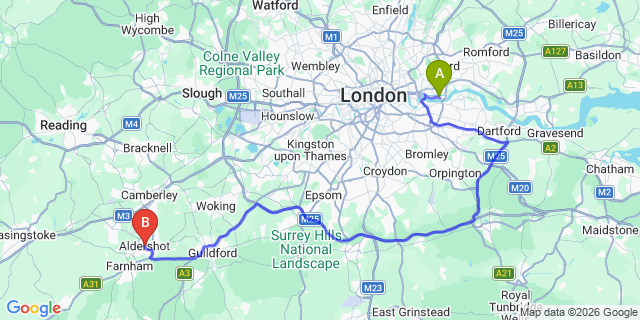 Map: London City Airport (LCY) to Aldershot