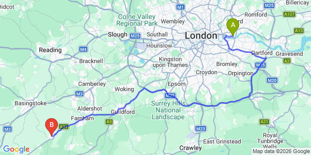 Map: London City Airport (LCY) to Alton