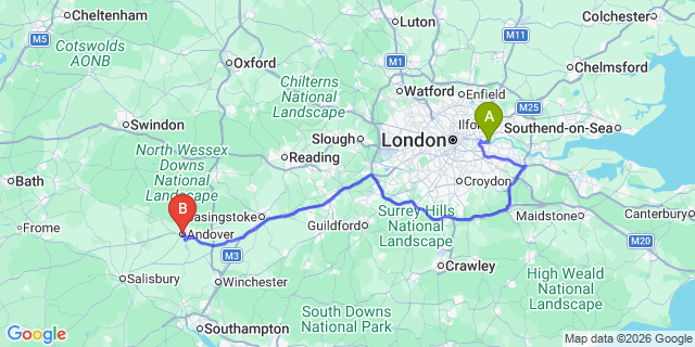 Map: London City Airport (LCY) to Andover