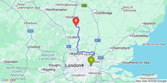 Map: London City Airport (LCY) to Arlesey