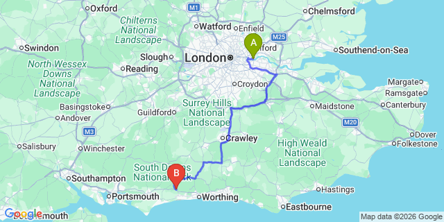 Map: London City Airport (LCY) to Arundel