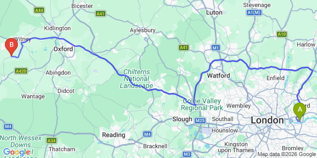 Map: London City Airport (LCY) to Bampton