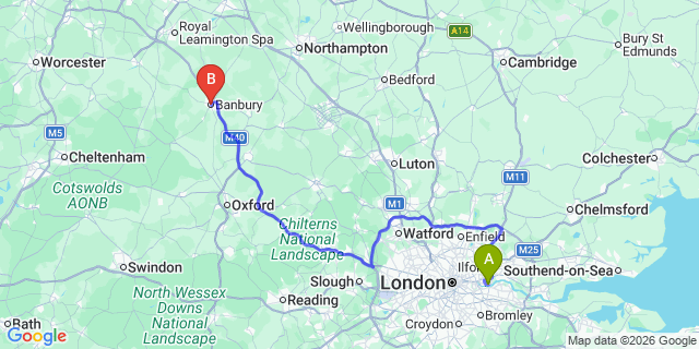 Map: London City Airport (LCY) to Banbury