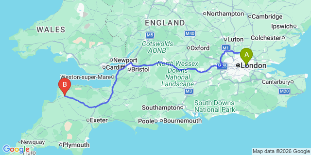 Map: London City Airport (LCY) to Barnstaple