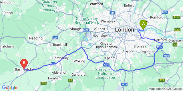 Map: London City Airport (LCY) to Basingstoke