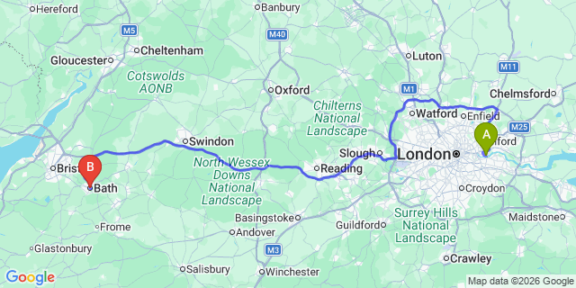 Map: London City Airport (LCY) to Bath