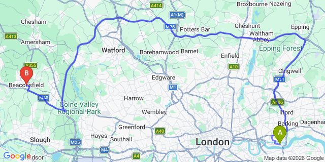Map: London City Airport (LCY) to Beaconsfield
