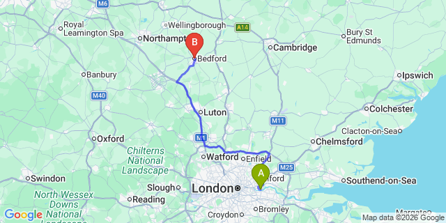 Map: London City Airport (LCY) to Bedford