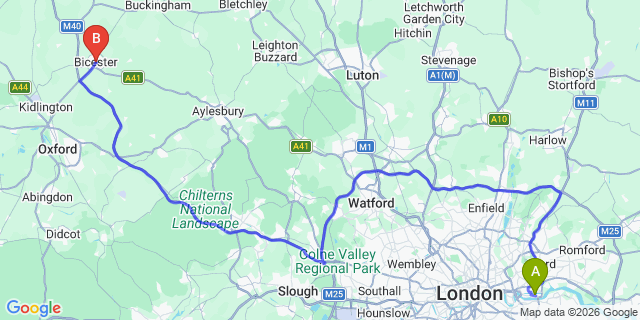 Map: London City Airport (LCY) to Bicester