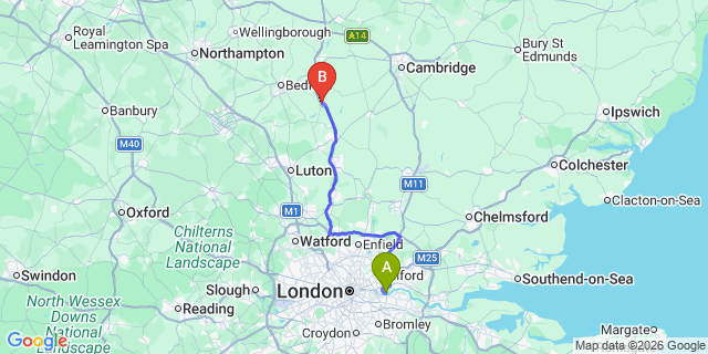 Map: London City Airport (LCY) to Biggleswade