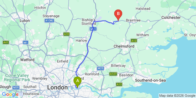 Map: London City Airport (LCY) to Billericay