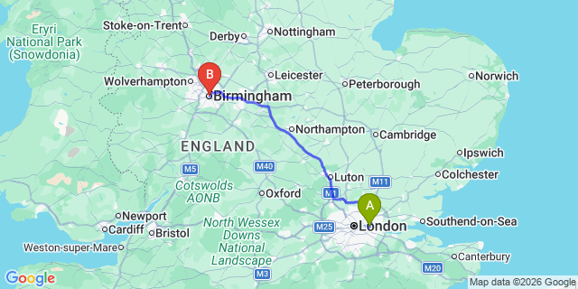 Map: London City Airport (LCY) to Birmingham