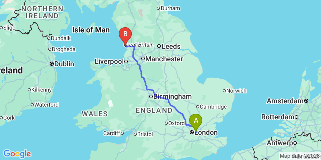 Map: London City Airport (LCY) to Blackpool