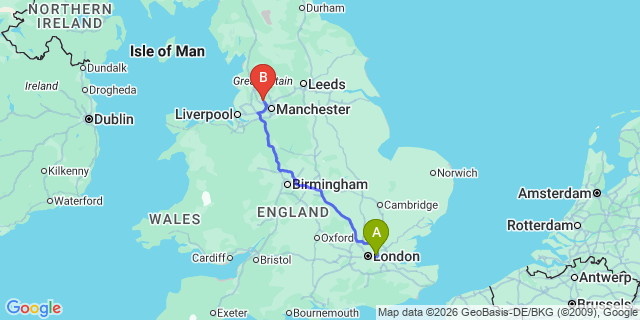 Map: London City Airport (LCY) to Bolton
