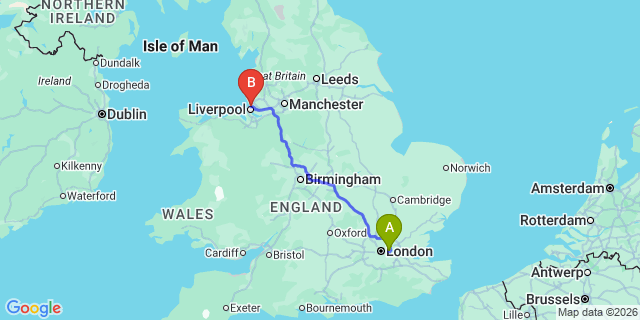 Map: London City Airport (LCY) to Bootle