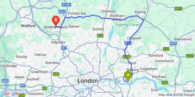 Map: London City Airport (LCY) to Borehamwood